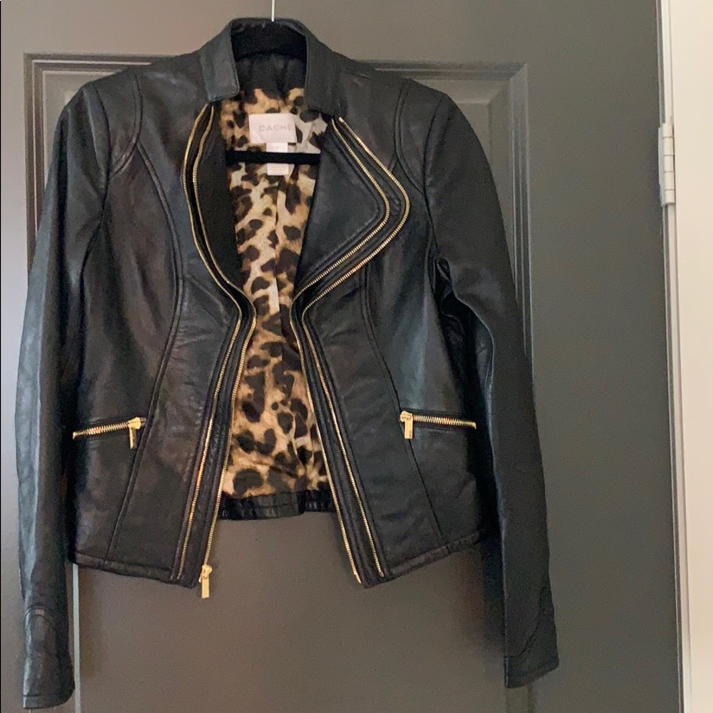 Leather jacket with zipper embellishment